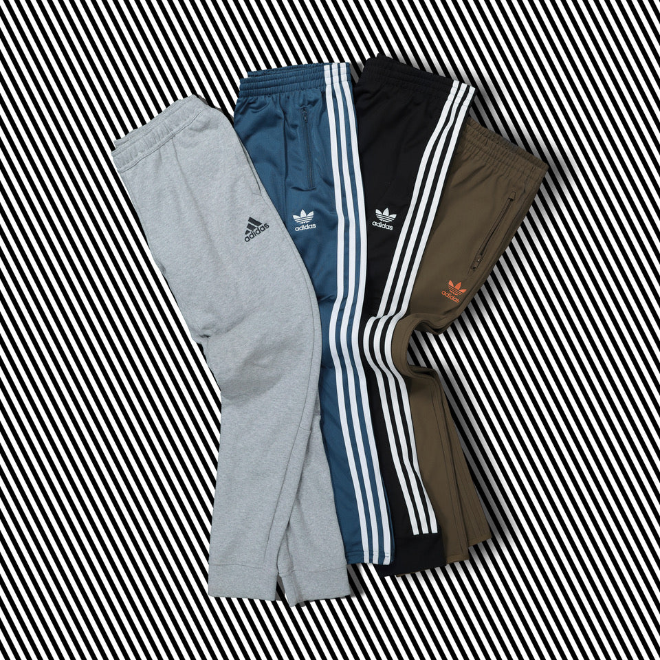 Adidas tracksuit pants flat lay photography
